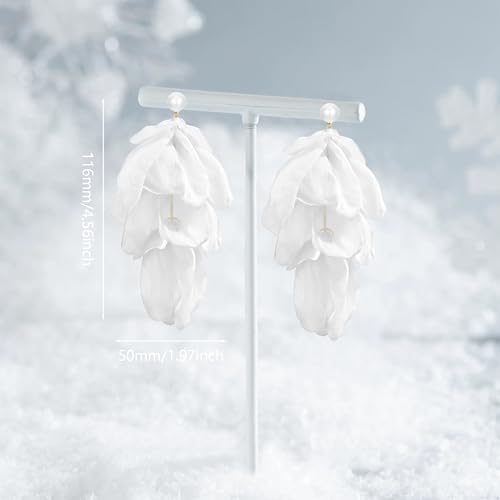 Handmade Bohemian Lightweight Fabric Flower Dangle Drop Earrings Chic Pearl Large Tassel Petal Stud Earrings For Women - color: Pearl White