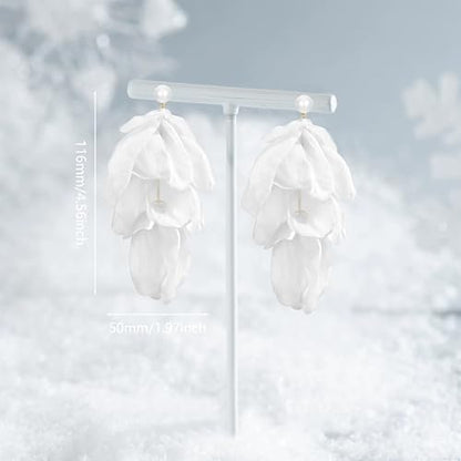 Handmade Bohemian Lightweight Fabric Flower Dangle Drop Earrings Chic Pearl Large Tassel Petal Stud Earrings For Women - color: Pearl White