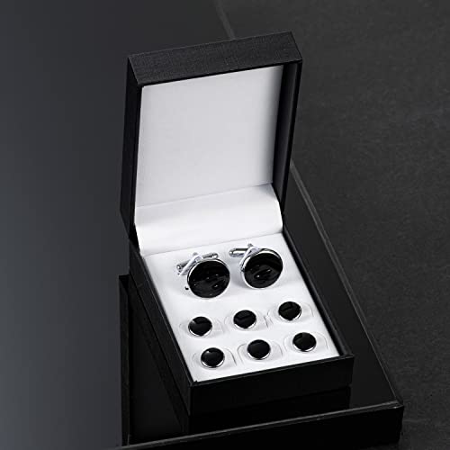 wynameleri Mens Cufflinks and Studs Set Blanks Round 4 Colors Shirt Tuxedo Buttons Packed in Cufflink Box for Business Wedding Jewelry - color: Silver Black