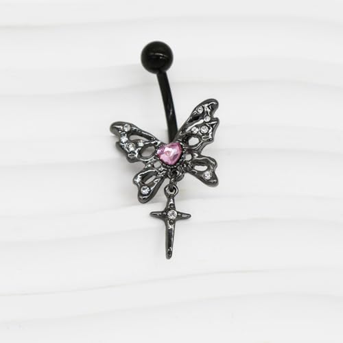 14G Black Butterfly Cross Dangle Belly Button Rings for Women 316L Surgical Steel Belly Curved Barbell Pink CZ Crystal Belly Navel Rings Navel Piercing Jewelry