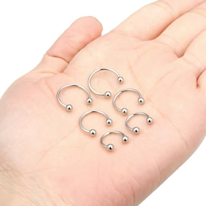 6PCS Septum Rings 18G Stainless Steel Nose Septum Ring Horseshoe Earring Eyebrow Lip Smiley Piercing Jewelry for Women Men Inner Diameter 8mm/10mm/12mm - color: silvertone,ball closure