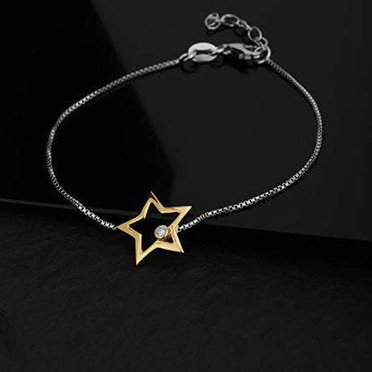 Vanbelle Sterling Silver Star Bracelet with Cubic Zirconia Stones - Celestial Theme - 6.5" Long + 1" Extender