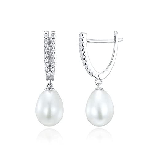 Jupiter Natural Pearl Sterling Silver Women's Stud Earrings - Genuine Pearl Cubic Zirconia Fashion Drop Earrings