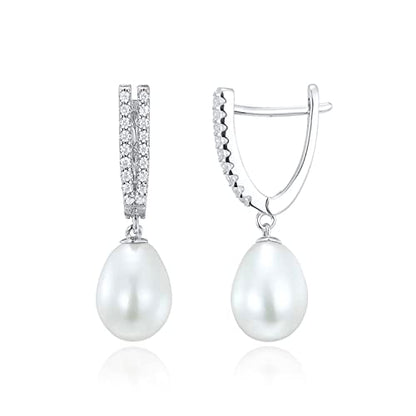 Jupiter Natural Pearl Sterling Silver Women's Stud Earrings - Genuine Pearl Cubic Zirconia Fashion Drop Earrings