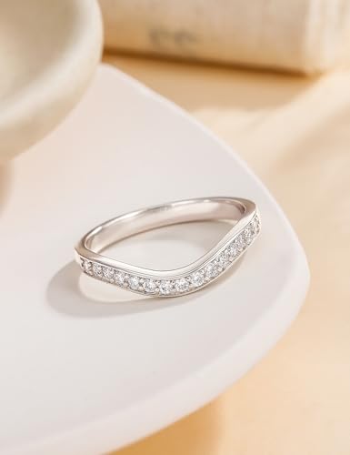 EAMTI 925 Sterling Silver Wedding Bands for Women Cubic Zirconia Wave Stackable CZ Curved Eternity Engagement Promise Gold Rings Size 4-10 - color: Brass-Silver