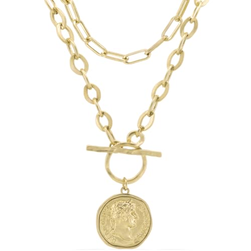 Women's Chunky Coin Necklace, 18K Gold Plated, 18-Inch Toggle Chain | Double-Sided Antique Coin Pendant with Thick Link Chain for Layered Looks and Vintage Statement Style for Everyday Wear - color: 2Pcs Gold Paperclip + Coin Necklace