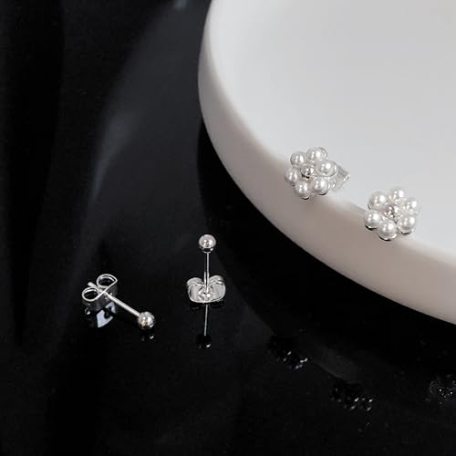 IMBOS Pearl Earrings 14k Gold Plated Daisy Flower Stud Earrings for Women Ball Stud Flat Back Earring Hypoallergenic Statement Earring Trendy Jewelry Gift for Women - color: Silver-Pearl Ball