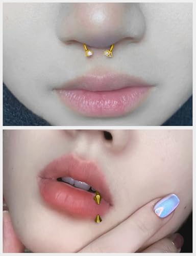 Oufksiyy Horseshoe Nose Ring Surgical Steel internal thread Double Gem Stud Nose Rings 16g Black Gold Lip Rings Cubic Zirconia Daith Septum Piercing Jewelry for Women Inner Diameter 6/8/10/12mm - color: gold horseshoe rings 16G 6-12MM