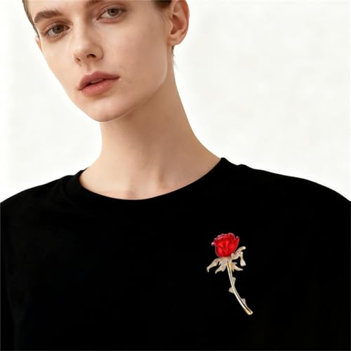 Red Rose Flower Brooches Pins for Women Men Elegant Crystal Flower Lapel Pin Retro Suit Hat Dress Accessories Wedding Valentine's Day Jewelry Gift - style: Red Rose