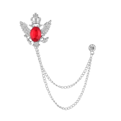 Romantic Men's Brooch Suit Pin Badge with Chains Crystal Buckle Chain Collar Lapel for Men Shirt Decoration Metal Clips Women Tuxedo Tie Hat Scarf - color: Silver & Red