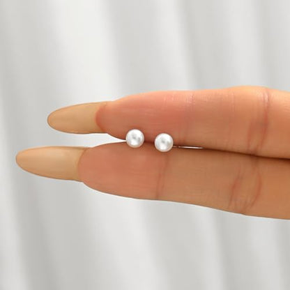 Pearl Stud Earrings for Women Gold/Silver Plated 3mm 4mm 5mm 6mm 8mm Pearl Earrings Dainty Hypoallergenic Earrings - color: White Gold, size: 5 Millimeters