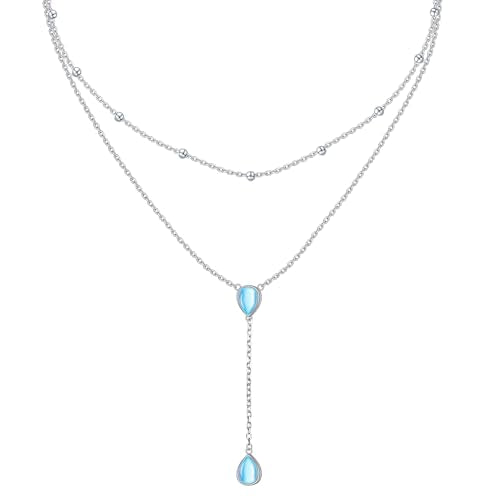 FLYOW Layered Necklace S925 Sterling Silver Y Shaped Jewelry - style: Double Teardrop Moonstones Layered Necklace