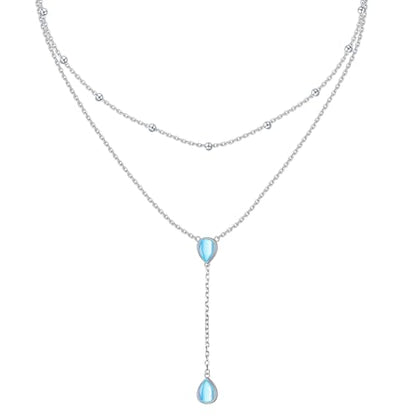 FLYOW Layered Necklace S925 Sterling Silver Y Shaped Jewelry - style: Double Teardrop Moonstones Layered Necklace