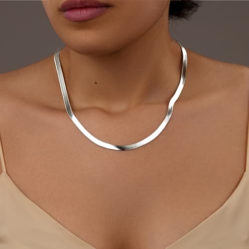 WomenGifts 14K Gold Silver Plated Herringbone Necklace for Women, Dainty Snake Chain Choker, Trendy Simple Long Layered Jewelry Non Tarnish, 3/4/5/8mm,14,16,18,20,22,24,26 Inch Thin & Chunky Options - color: Silver, style: 5mm-18inch