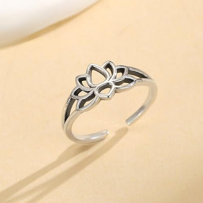 LOVECOM 925 Sterling Silver Lotus Flower Toe Rings for Women | 14K Gold Plated Adjustable Open Heart Toe Ring Flower Toe Ring Summer Beach Foot Birthday Jewelry Gifts for Mom Daughter - color: Silver
