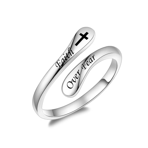 Fookduoduo 925 Sterling Silver Ring Inspirational Jewelry adjustable Wrap Open Rings for Women - style: Faith Over Fear