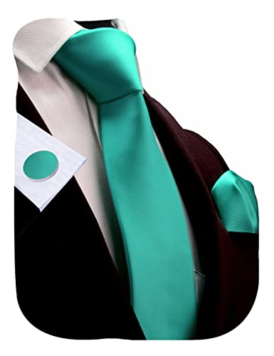GUSLESON 3.15"（8cm） Solid Color Necktie and Pocket Square Cufflinks Sets For Men + Gift Box - color: Aqua