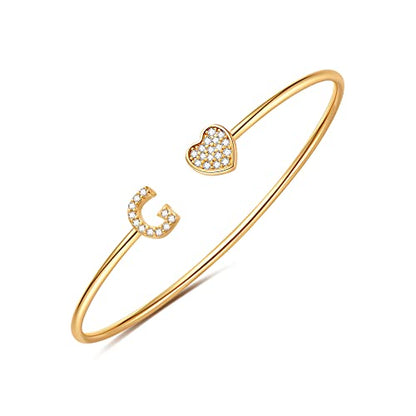 Gold Bracelets for Women Teen Girls, 14K Gold Plated Initial Heart Bangle | Adjustable Open Cuff Bracelet, Dainty Letter Jewelry, Daughter Sister Bridesmaid Friend, Birthday Christmas Graduation Gift - color: G