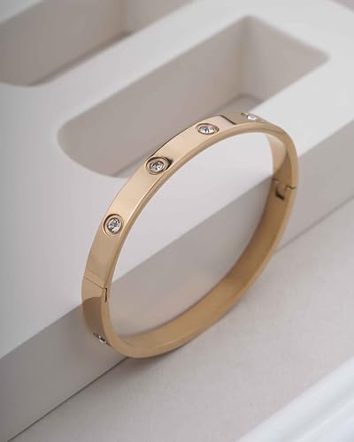 Gold Crystal Hinged Bangle Bracelet for Women – Stainless Steel Bezel Set Cubic Zirconia – Hypoallergenic Waterproof – Minimalist Stackable Jewelry – Gift for Her Backend: crystal hinged bangle gold cuff bezel cubic zirconia stackable bangle minimalist pu