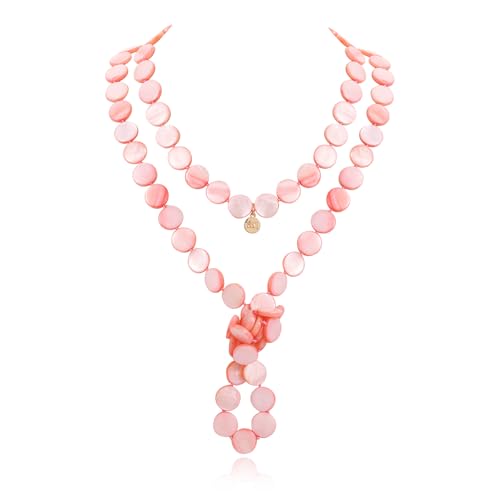 Firstmeet Flat Round Coin Shell Beads Long Knotted Necklace Natural Mother of Pearl Handmade Jewelry For Women - color: Pink