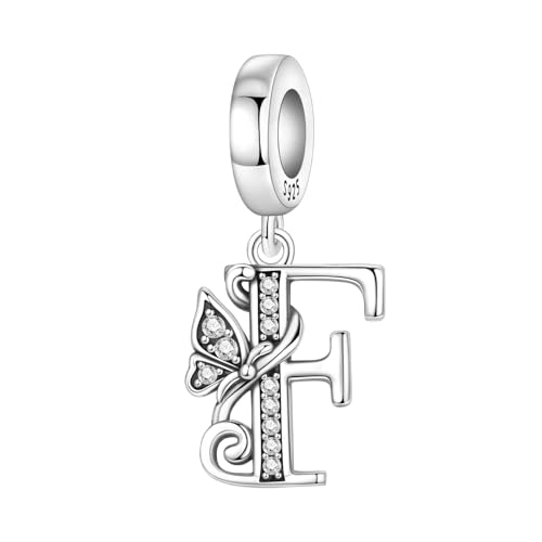 2 Pack 925 Sterling Silver Butterfly Letter Charms for Bracelets and Necklace Alphabet Initial Dangle Pendants Round Spacer Beads Pave Cubic Zirconia Jewelry Gift for Women - color: F Set