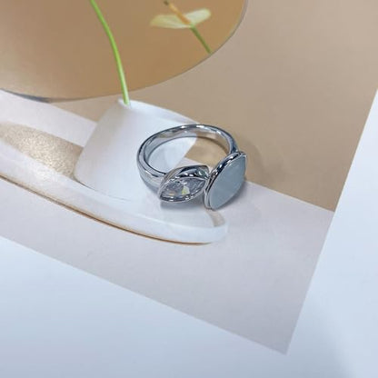 NewZenro Dainty Cat's Eye Marquise Cut Cubic Zirconia Open Ring for Women Gold/Silver Plated Fashion Crystal Geometry Adjustable Stackable Wedding Finger Band Promise Rings Comfort Fit Trendy Jewelry - color: Silver