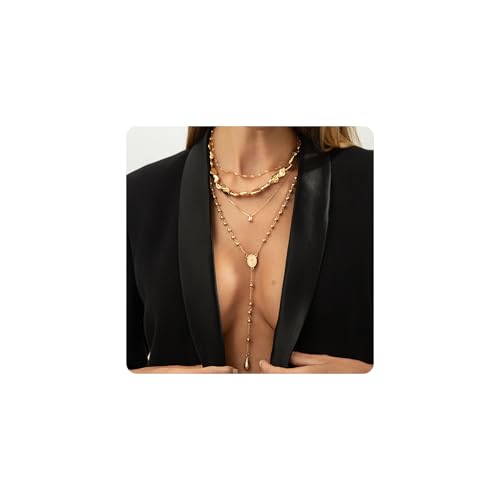 Gold Layered Necklaces for Women Chunky Layered Gold Necklaces Stacked Paperclip Chain Pearl Necklace Herringbone Toggle Clasp Choker Trendy Statement Jewelry Gifts - color: B2:long gold necklaces