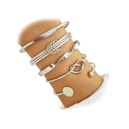 IFKM Gold Bangle Bracelets For Women, 14k Gold Plated Multi Layer Stackable Cuff Bracelet Set, Trendy Elegance Charms Non Tarnish Minimalist Textured Boho Jewelry Gift for Women - style: Multilayer opening silver