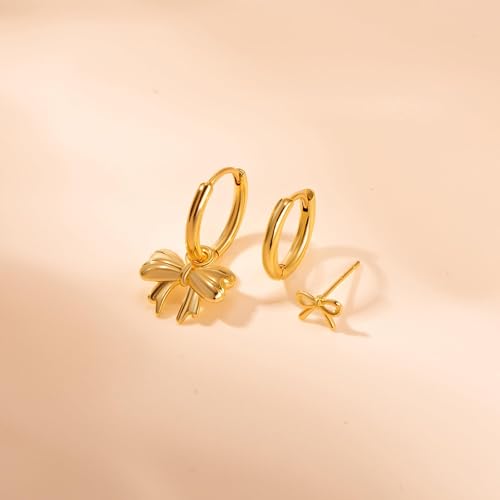 3 Pairs Earring Stacks, Gold Earring Set Jewelry Gift for Women | Small, 14K Gold/White Gold/Black/Rose Gold Plated, Hypoallergenic, Her, Everday, Stackable, Simple, 3 Holes - color: Gold-Bow
