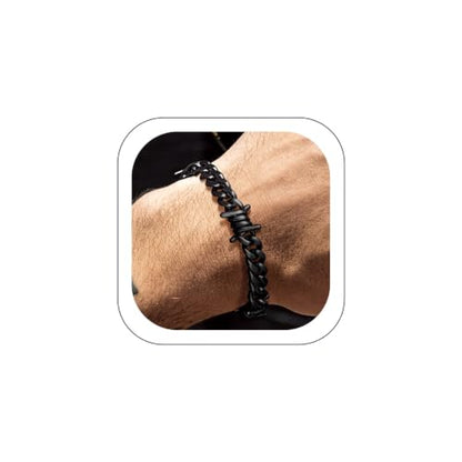 Bandmax Barbed Wire Chain Bracelets for Men Women Stainless Steel/Black/Gold Thorn Cuban Link Bracelet Adjustable Punk Emo Style Jewelry Gift - color: 02 9MM-Black Plated