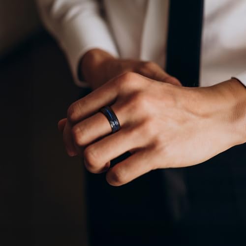 King Will Men's Tungsten Carbide Wedding Ring Hammered Groove Wedding Band Mens Two Tone Engagement Ring for Men and Women Matte Brushed Finish Comfort Fit - color: 8mm Black & Blue - Groove