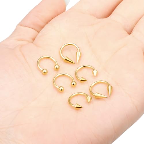 6Pcs Septum Rings 16G Surgical Steel Snake Bite Jewelry Long Spike Horseshoe Lip Rings Smiley Piercing Jewelry for Women Men 8mm 10mm - color: 16g,Diameter:8mm,goldtone