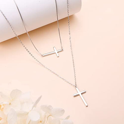 Yearace Choker Necklaces for Women S925 Sterling Silver Sideways Cross/Butterfly/Handcuffs/Infinity Interlocking/Chakra Choker Necklace Dainty Sideways Cross Necklace Jewelry Gift - style: Layered Cross 18+16+2''