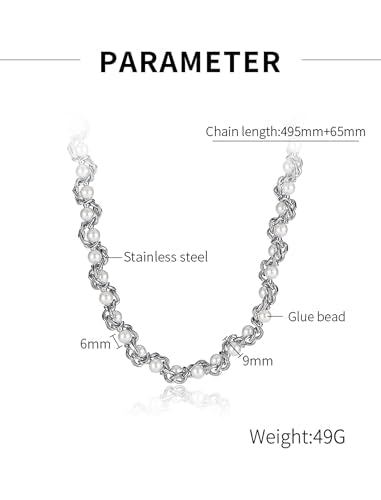 Pearl Chain Necklace for Women, Valentine's Day Mother's Day Jewelry Gifts for Her, White Silver Gold Plated Stainless Steel Link Faux Beads, Bridal Wedding Anniversary Birthday Christmas
