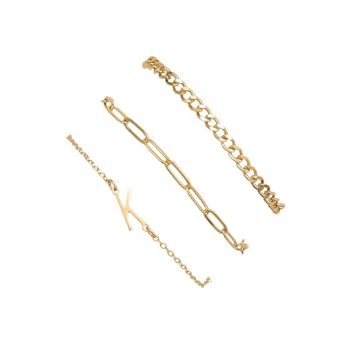 3PCS Gold Bracelet Set for Women, 14K Gold Plated Initial Letter Jewelry, Layered Paperclip and Cuban Chain Stack, Adjustable Stainless Steel Gift - style: Initial-K