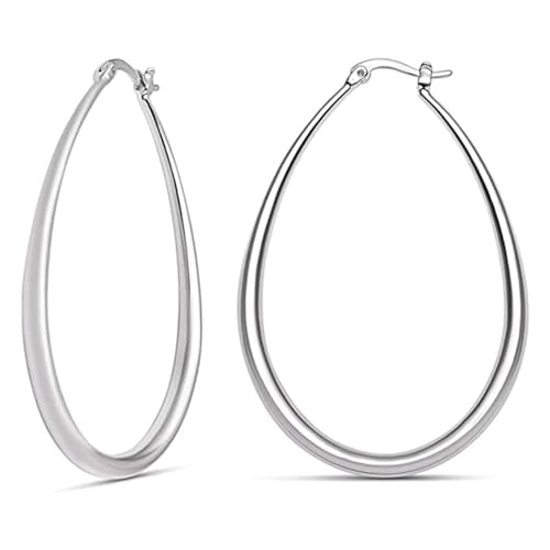 Chunky Large Oval Hoop Earrings for Women Sparkly Gold Teardrop Dangle Earrings Thick Bold Silver Hoop Drop Earrings Oval Stainless Steel Hoop Earrings Fashion Costume Jewelry Accessories - color: Silver