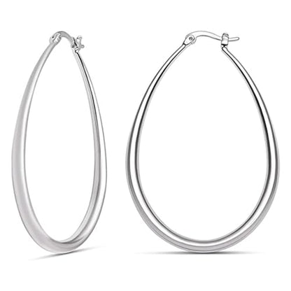 Chunky Large Oval Hoop Earrings for Women Sparkly Gold Teardrop Dangle Earrings Thick Bold Silver Hoop Drop Earrings Oval Stainless Steel Hoop Earrings Fashion Costume Jewelry Accessories - color: Silver
