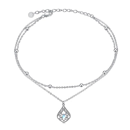 POPLYKE 925 Sterling Silver Double Layered Chain Evil Eye Daisy Sunflower Butterfly Anklets for Women Holiday Beach Crystal Ankle Bracelet Dainty Evil Eye Jewelry - style: Lotus Moonstone Anklet