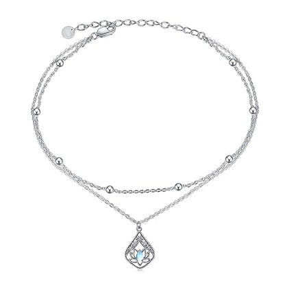 POPLYKE 925 Sterling Silver Double Layered Chain Evil Eye Daisy Sunflower Butterfly Anklets for Women Holiday Beach Crystal Ankle Bracelet Dainty Evil Eye Jewelry - style: Lotus Moonstone Anklet