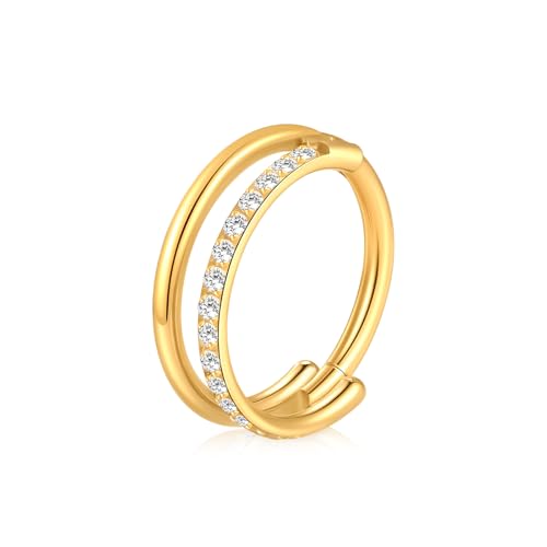 Xpircn ASTM F136 Titanium Double Hoop Septum Click Nose Rings Lip Rook Lobe Tragus Helix Cartilage Daith Conch Earrings Clear CZ Paved Nose Piercing Jewelry for Women Men - color: CZ Double Rings Gold, size: 16G 10mm