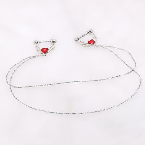 VERAMI 14G 316L Double Chain Connecting Heart CZ Nipple Rings Stainless Steel Skull Angel Piercing Barbell Body Pierced Jewelry for Women - color: Red CZ