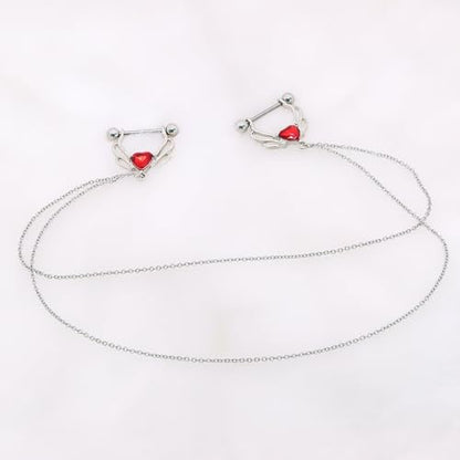 VERAMI 14G 316L Double Chain Connecting Heart CZ Nipple Rings Stainless Steel Skull Angel Piercing Barbell Body Pierced Jewelry for Women - color: Red CZ