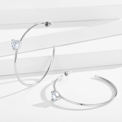 Large Gold Hoop Earrings for Women 14k Gold Plated with 925 Sterling Silver Post Big Open Hoops Earrings Trendy Cubic Zirconia Heart Hoop Earrings Jewelry Gifts for Women - color: silver 50mm