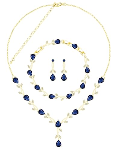 Jewelry Set for Women Bride Bridesmaid Wedding Party Prom Necklace Earrings Bracelet Set Gift for Mother Wife Friend - color: Gold-Blue