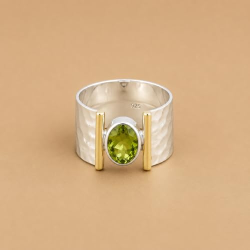 925 Sterling Silver Peridot Ring, Hammered Wide Band Statement Jewelry, Two Tone Minimalist Gemstone Ring