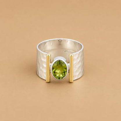 925 Sterling Silver Peridot Ring, Hammered Wide Band Statement Jewelry, Two Tone Minimalist Gemstone Ring