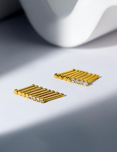 Hoeudjo Nose Studs Surgical Steel Cubic Zirconia Nose Rings Kit for Women Men Tiny Nose Stud Screw & Bone & L Shaped Nostril Rings Piercing Jewelry 22 Gauge 16 Pieces - color: nose bone studs, gold-tone