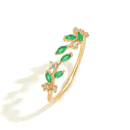 Gold Rings Non Tarnish Silver Adjustable Rings for Women Cubic Zirconia Leaf Ring Dainty Silver Stackable Ring for Women - style: green