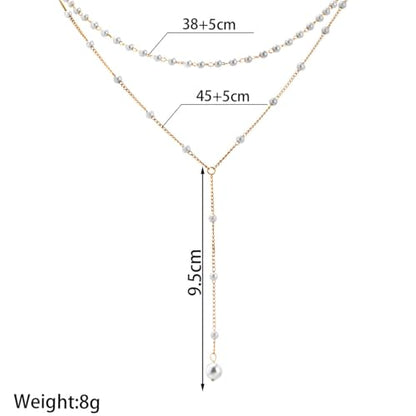 Layered Pearl Y Necklace for Women, Gold Tone Double Strand Faux Pearl Choker Necklace, Elegant Lariat Drop Necklace, Dainty Pearl Layering Jewelry for Everyday Wear and Special Occasions
