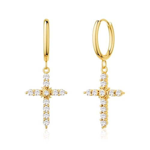 Gold Dangle Earrings for Women,Horseshoe Hoop Huggie Earrings with Heart Cubic Zirconia Hypoallergenic Lightweight Dangling Earrings Lucky Jewelry Gifts Perfect for Christmas,Birthday,Anniversary - style: Sun in Cross